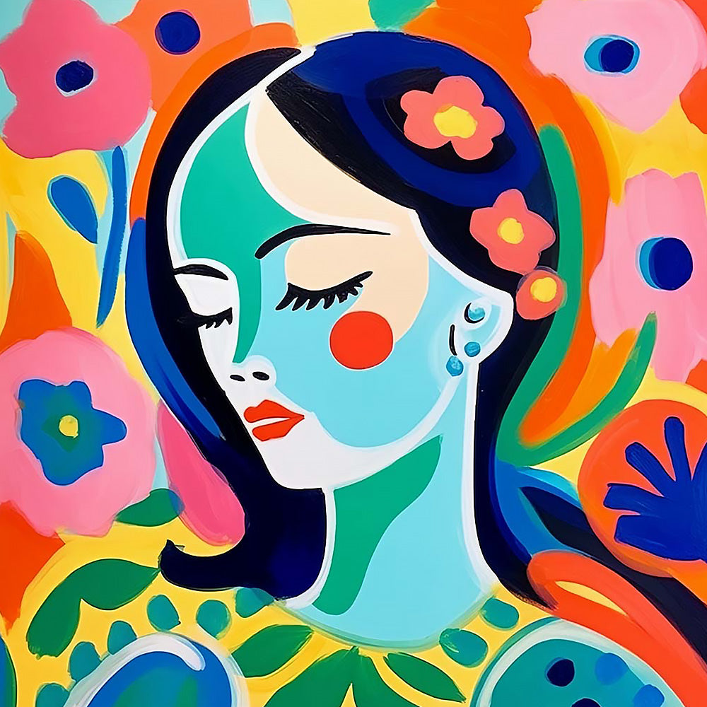 Blue faced woman with flowers cross stitch kit for beginners