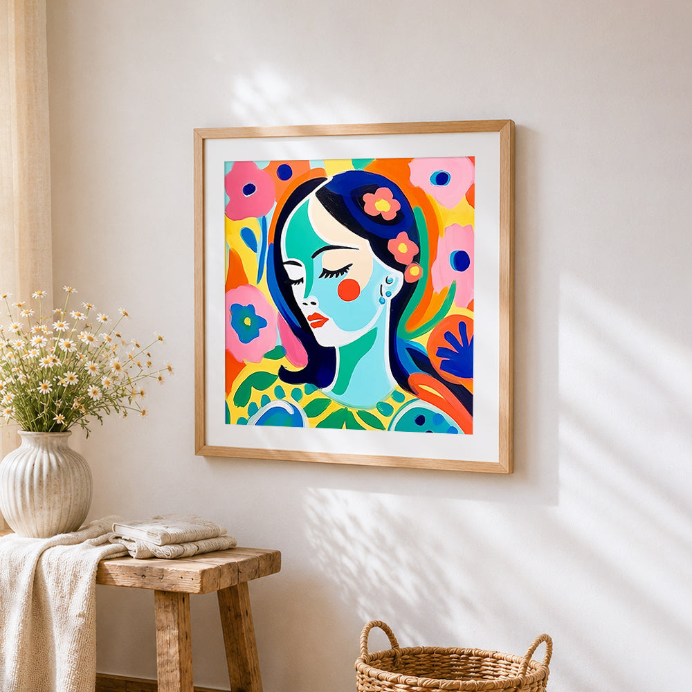 Blue faced woman with flowers cross stitch artwork displayed on wall as home decor