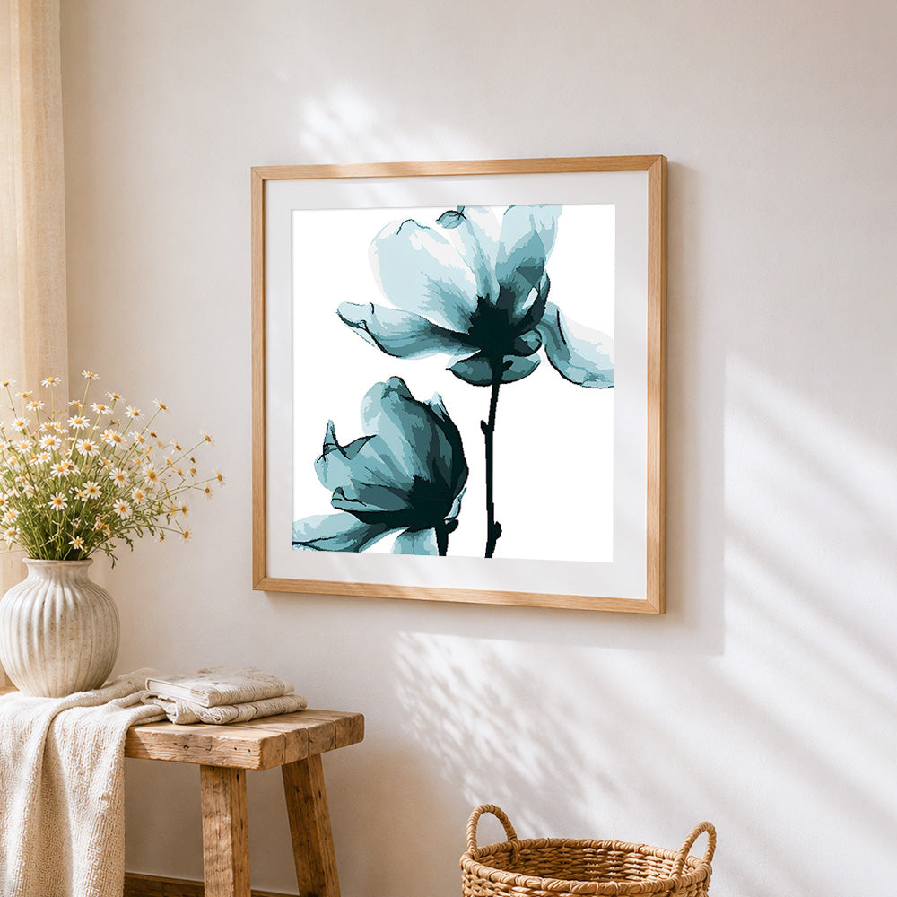 Blue floral illustration paint by numbers artwork displayed on wall as home decor