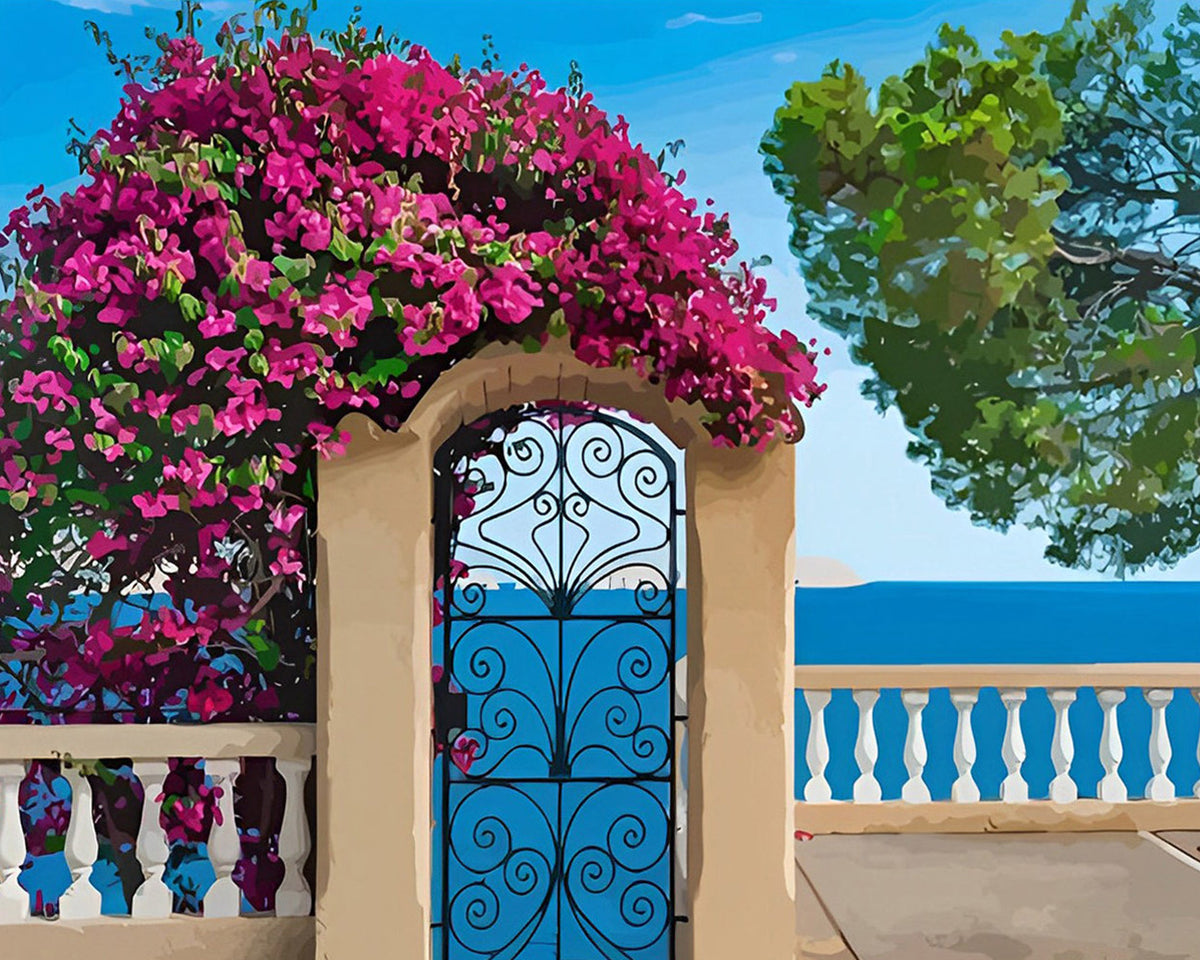 Blue gate with bougainvillea cross stitch kit for beginners