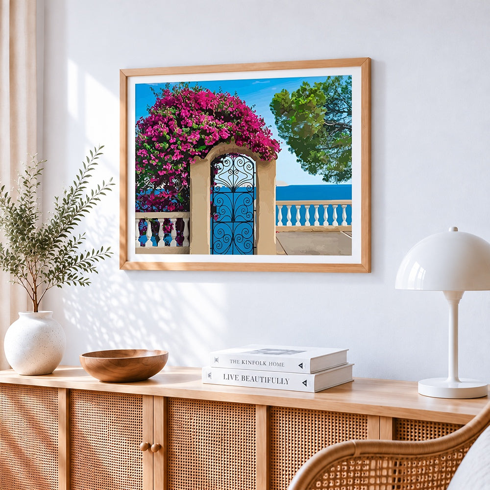Blue gate with bougainvillea paint by numbers artwork displayed on wall as home decor