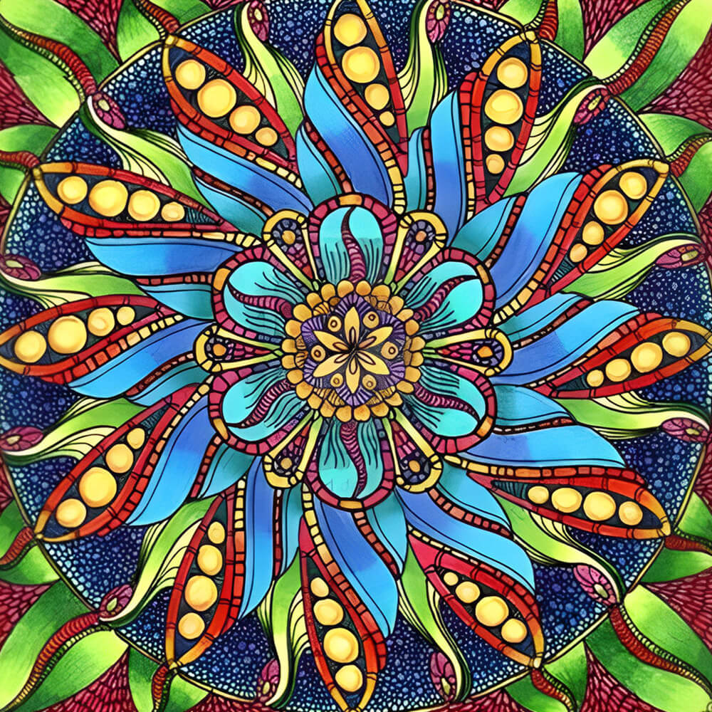 Blue green and red floral mandala cross stitch kit for beginners