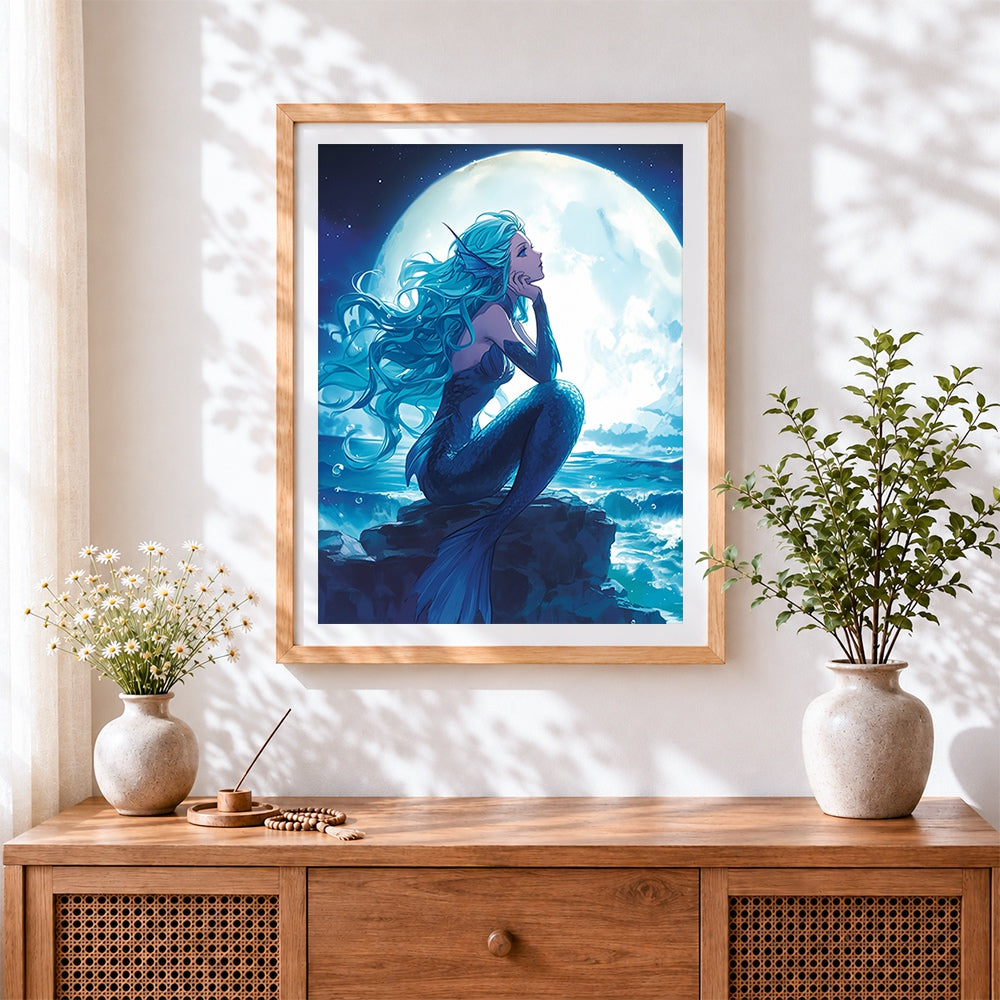 Finished blue haired mermaid on rock cross stitch artwork displayed