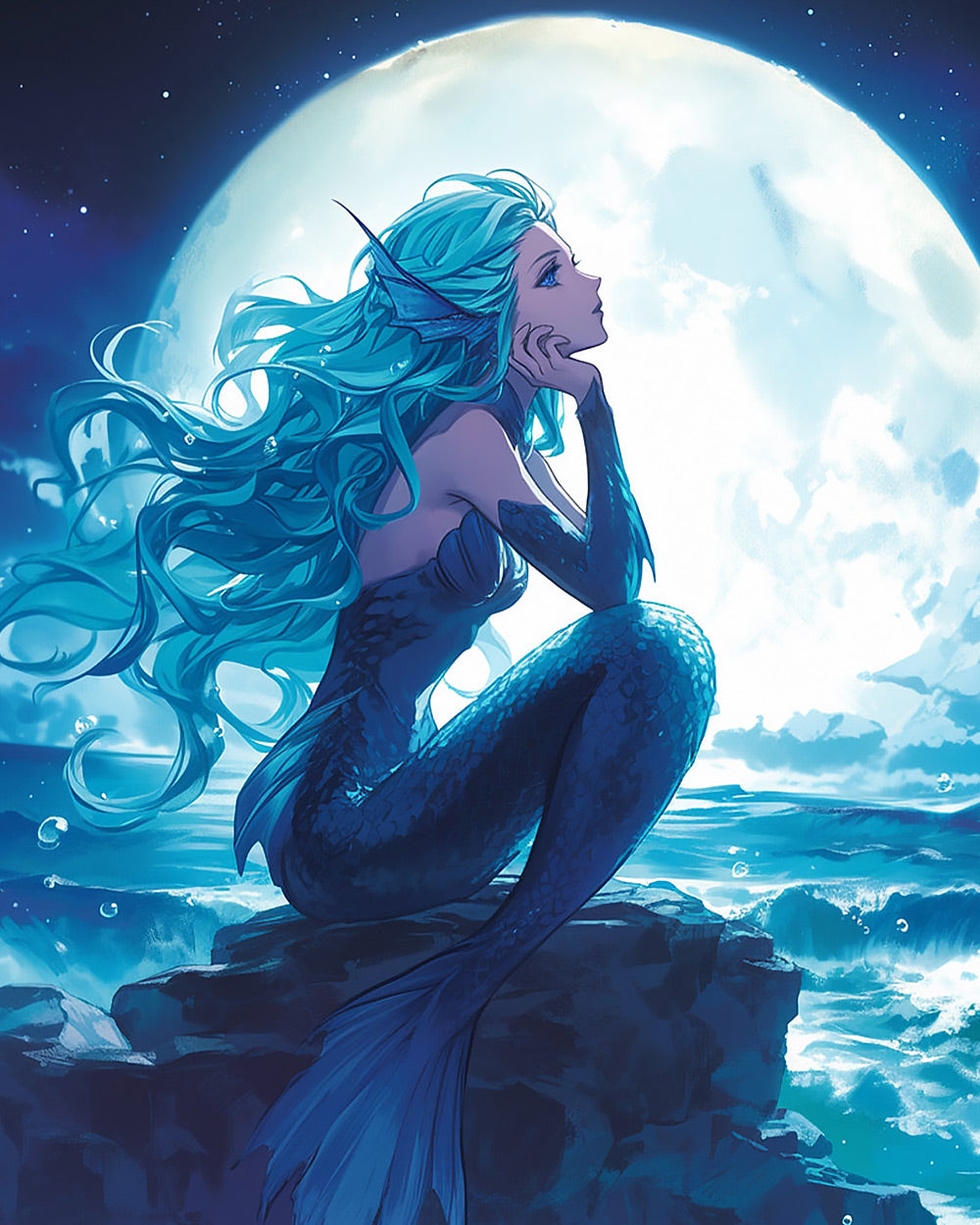 Blue haired mermaid on rock cross stitch kit for beginners