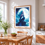 Blue haired mermaid on rock cross stitch artwork displayed on wall as home decor