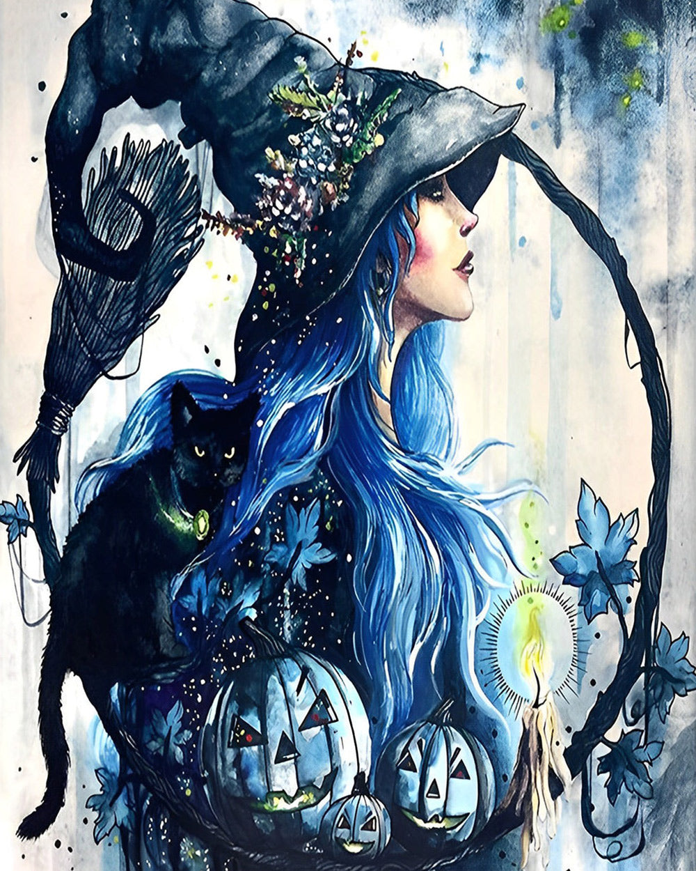 Blue haired witch and black cat cross stitch kit for beginners