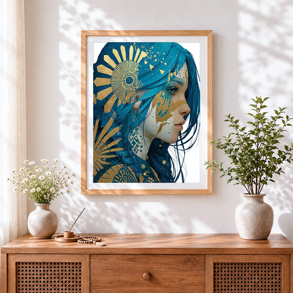 Finished blue haired woman with gold sun cross stitch artwork displayed