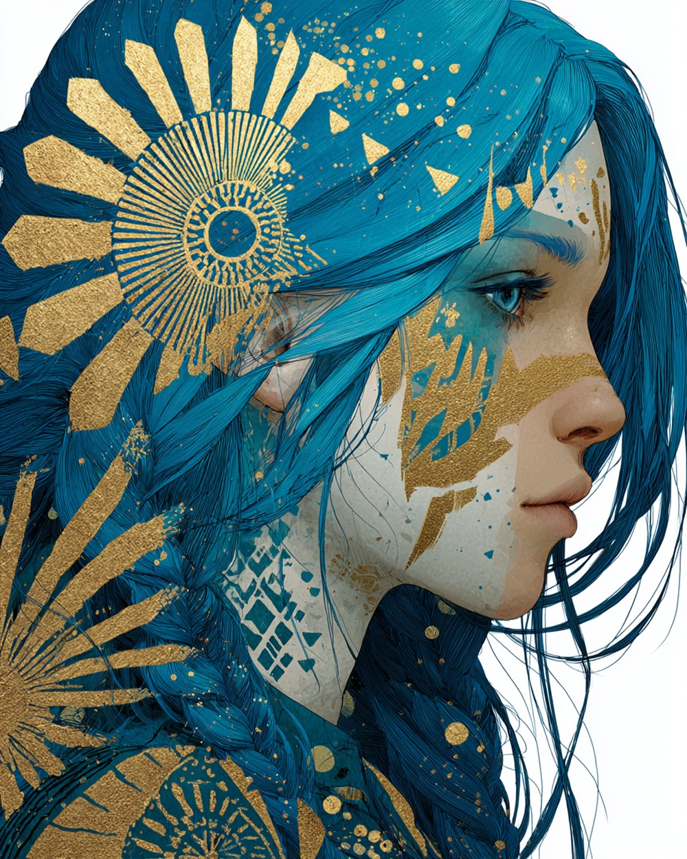Blue haired woman with gold sun cross stitch kit for beginners