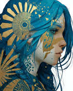 Blue haired woman with gold sun cross stitch kit for beginners