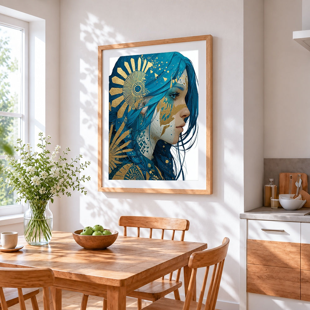 Blue haired woman with gold sun cross stitch artwork displayed on wall as home decor