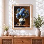 Finished blue hydrangeas in a chinoiserie vase cross stitch artwork displayed