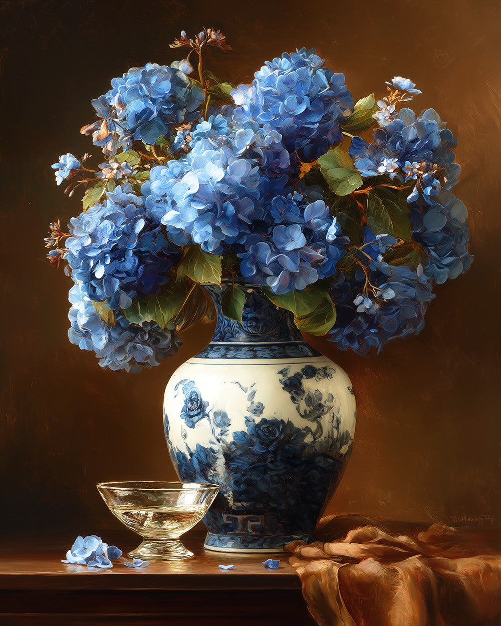 Blue hydrangeas in a chinoiserie vase cross stitch kit for beginners