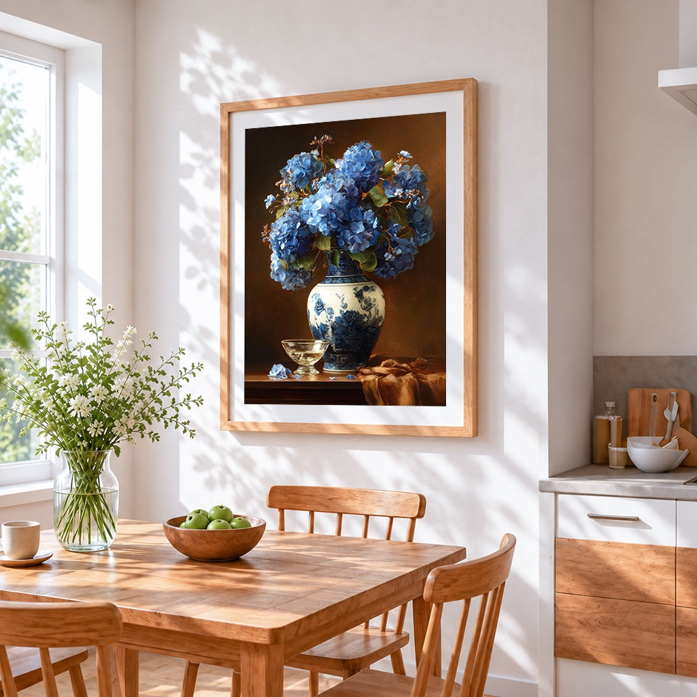 Blue hydrangeas in a chinoiserie vase cross stitch artwork displayed on wall as home decor