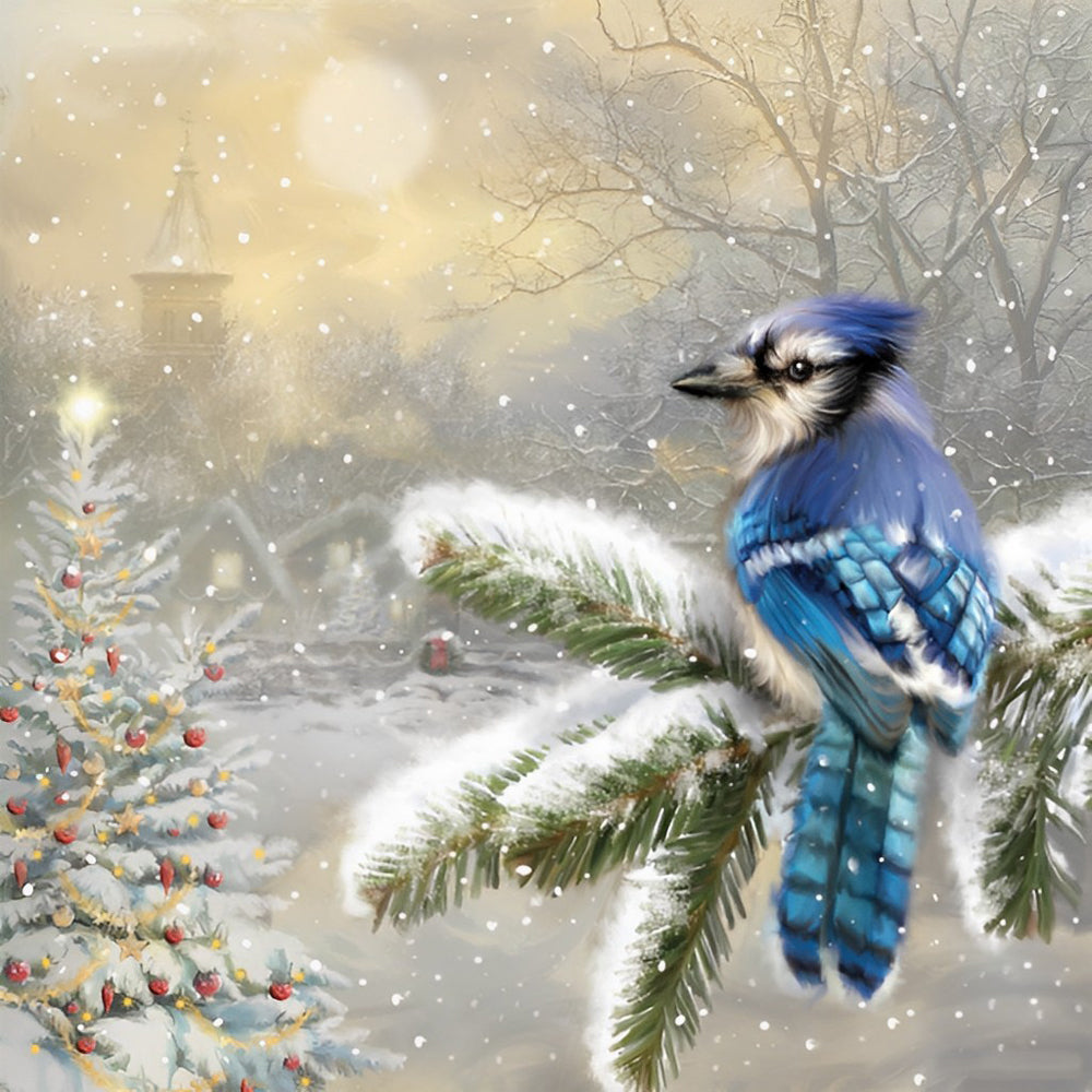 Blue jay in snow cross stitch kit for beginners