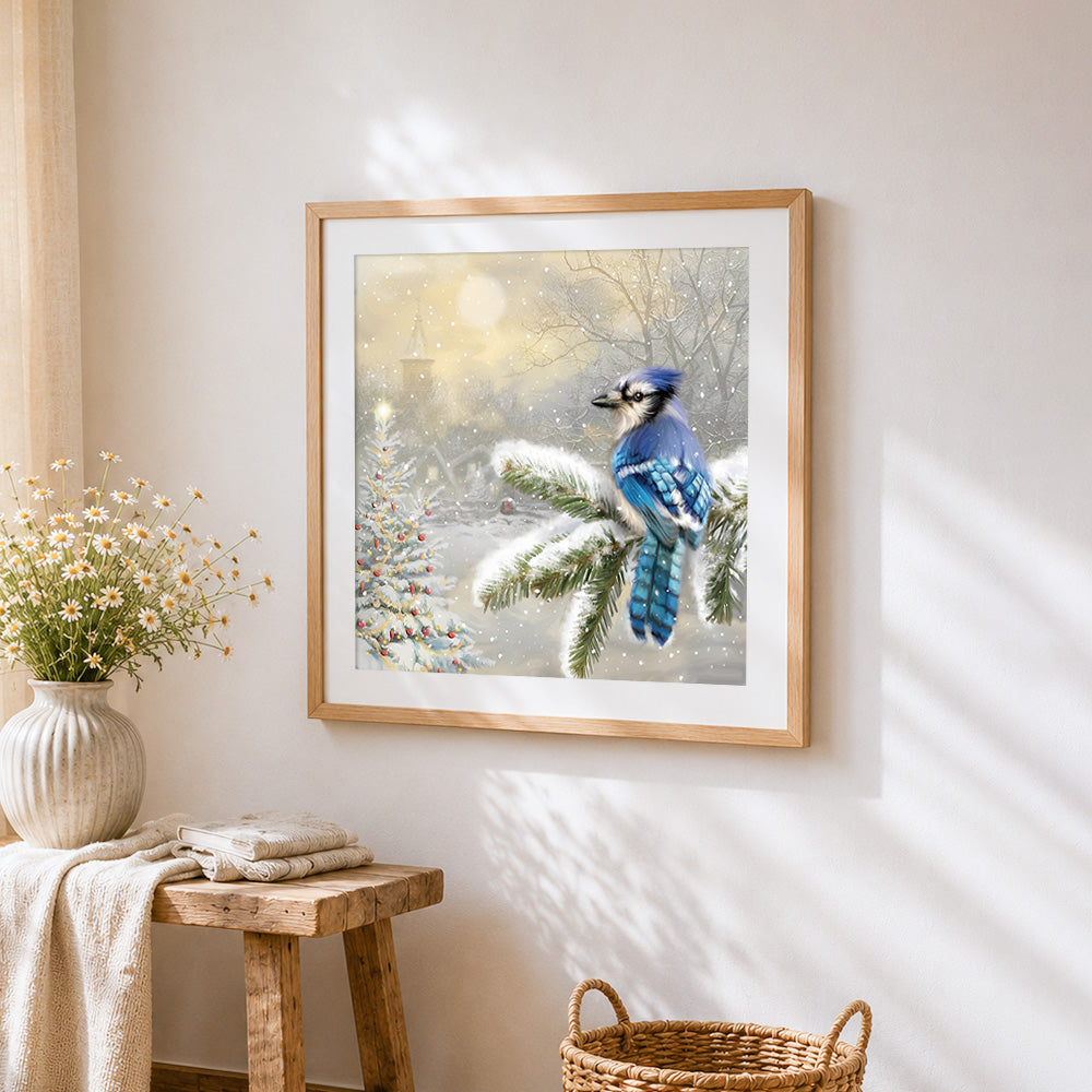 Blue jay in snow cross stitch artwork displayed on wall as home decor
