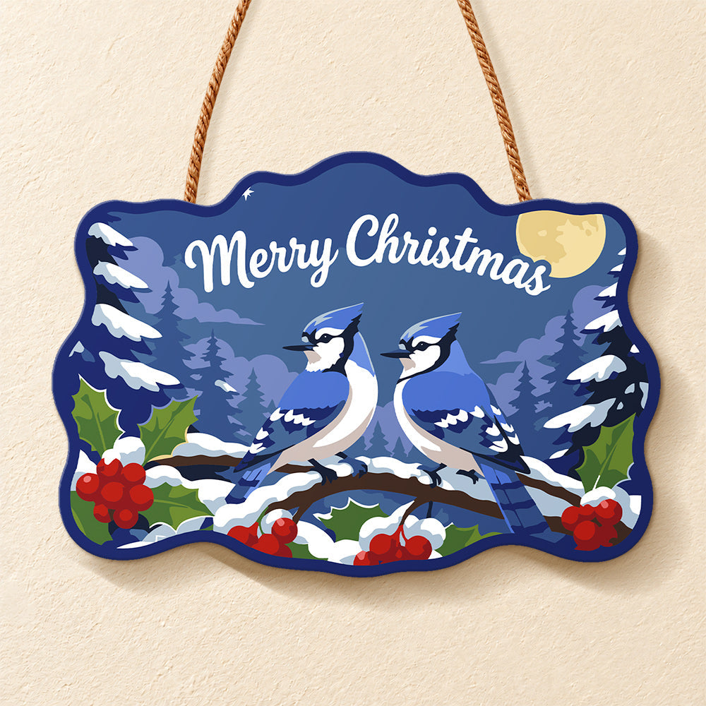 Blue jay pair christmas paint by numbers door hanger finished design