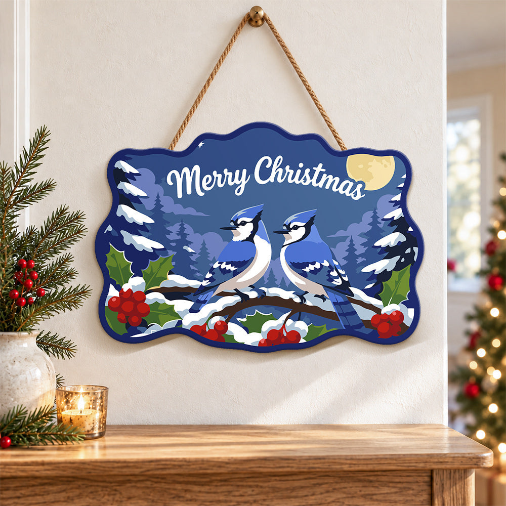 Blue jay pair christmas paint by numbers door hanger as indoor wall decor