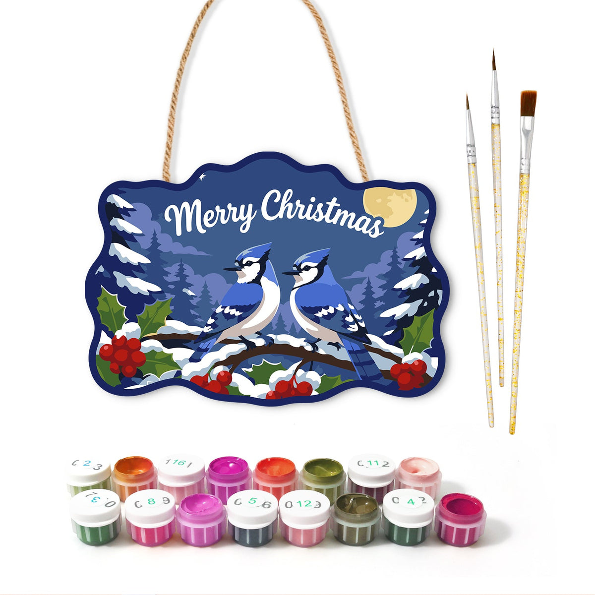 Blue jay pair christmas paint by numbers door hanger with paints and brushes