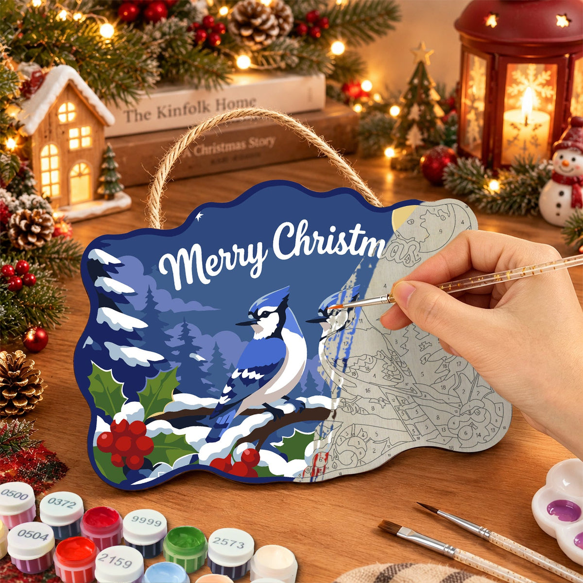 Blue jay pair christmas paint by numbers door hanger painting process