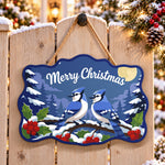 Blue jay pair christmas paint by numbers door hanger on a garden gate