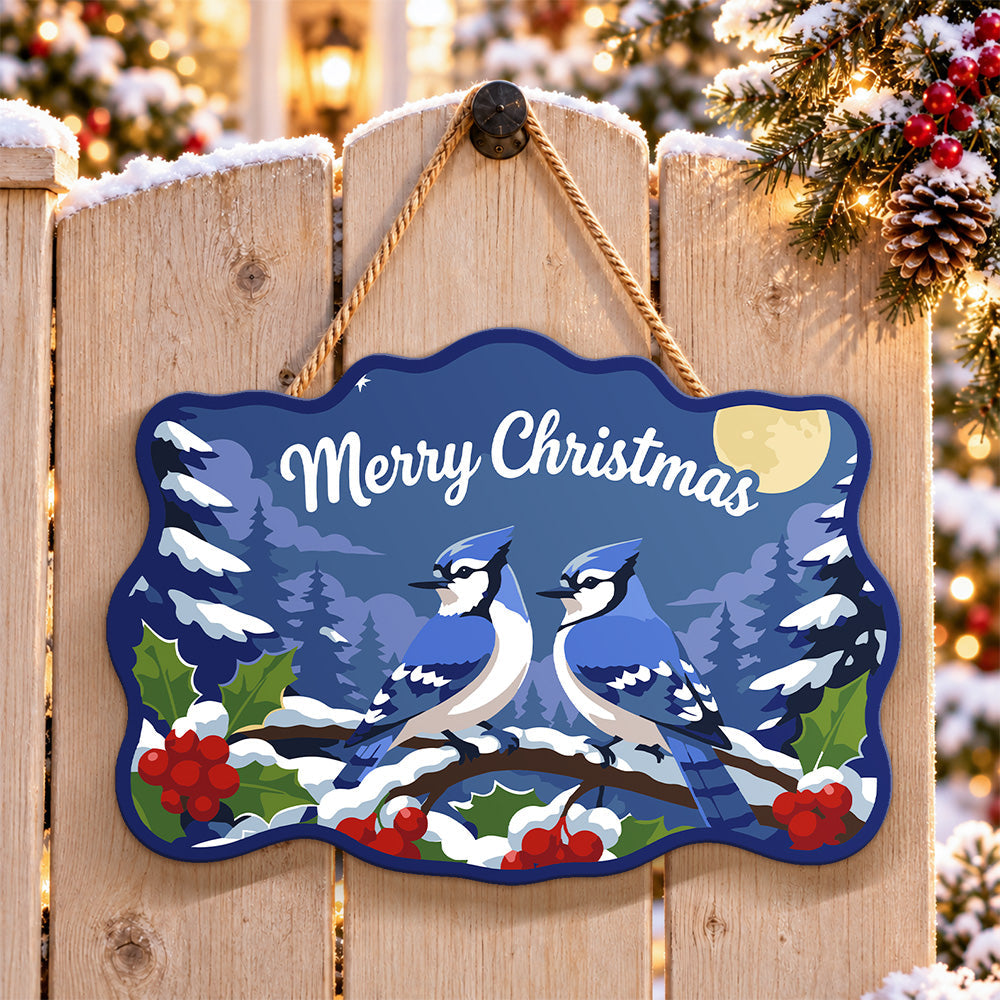 Blue jay pair christmas paint by numbers door hanger on a garden gate