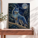 Finished blue moon wolf in pine woods pearl diamond painting artwork displayed as home decor