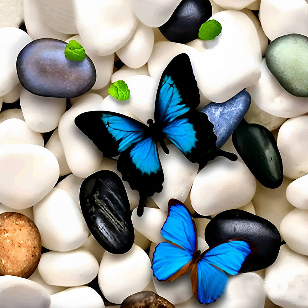 Blue morpho butterflies on white pebbles cross stitch kit for beginners