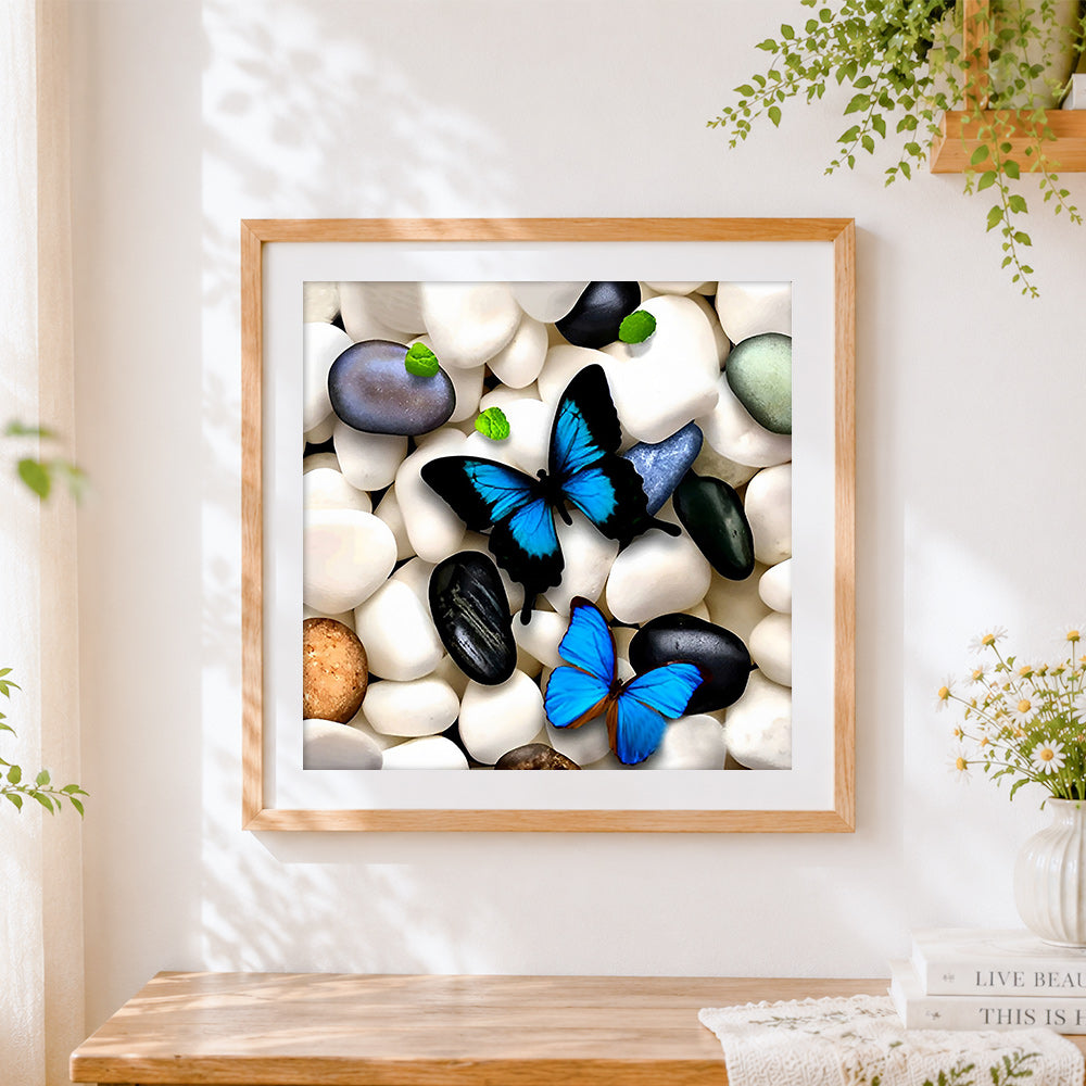 Finished blue morpho butterflies on white pebbles paint by numbers artwork displayed as home decor