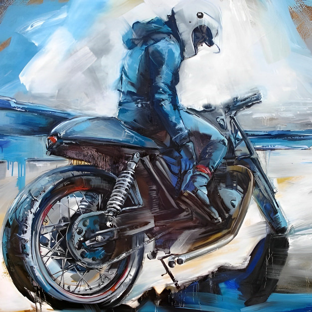 Blue motorcycle rider cross stitch kit for beginners