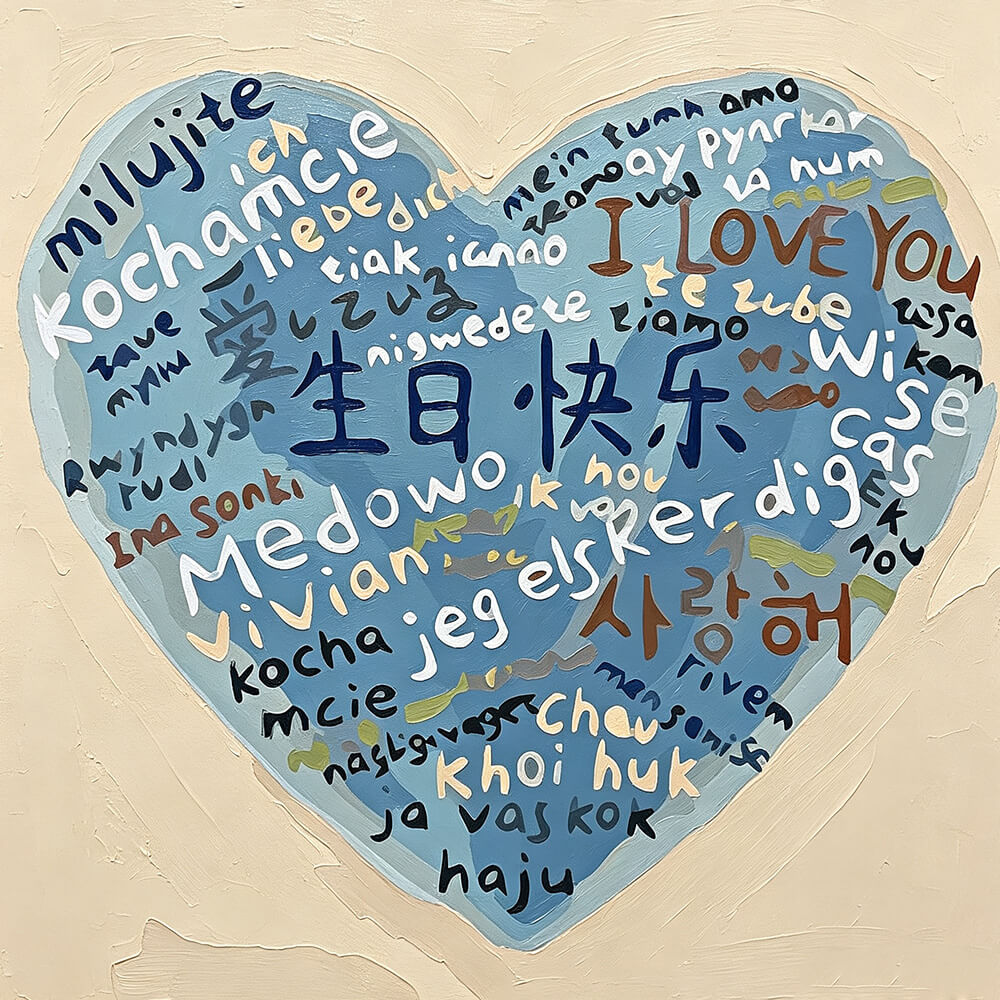 Blue multi language heart cross stitch kit for beginners