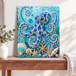 Finished blue octopus among seashells pearl diamond painting artwork displayed as home decor