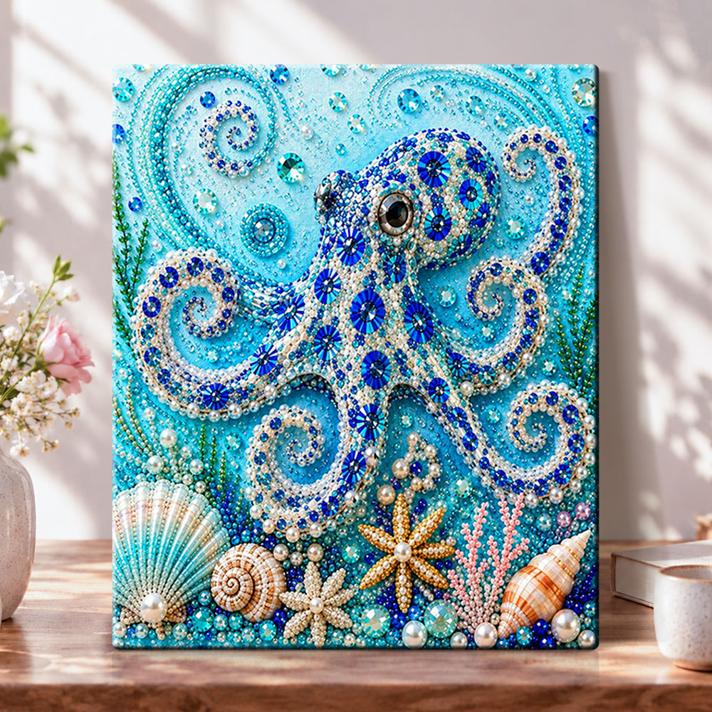 Blue octopus among seashells pearl diamond painting kit for beginners