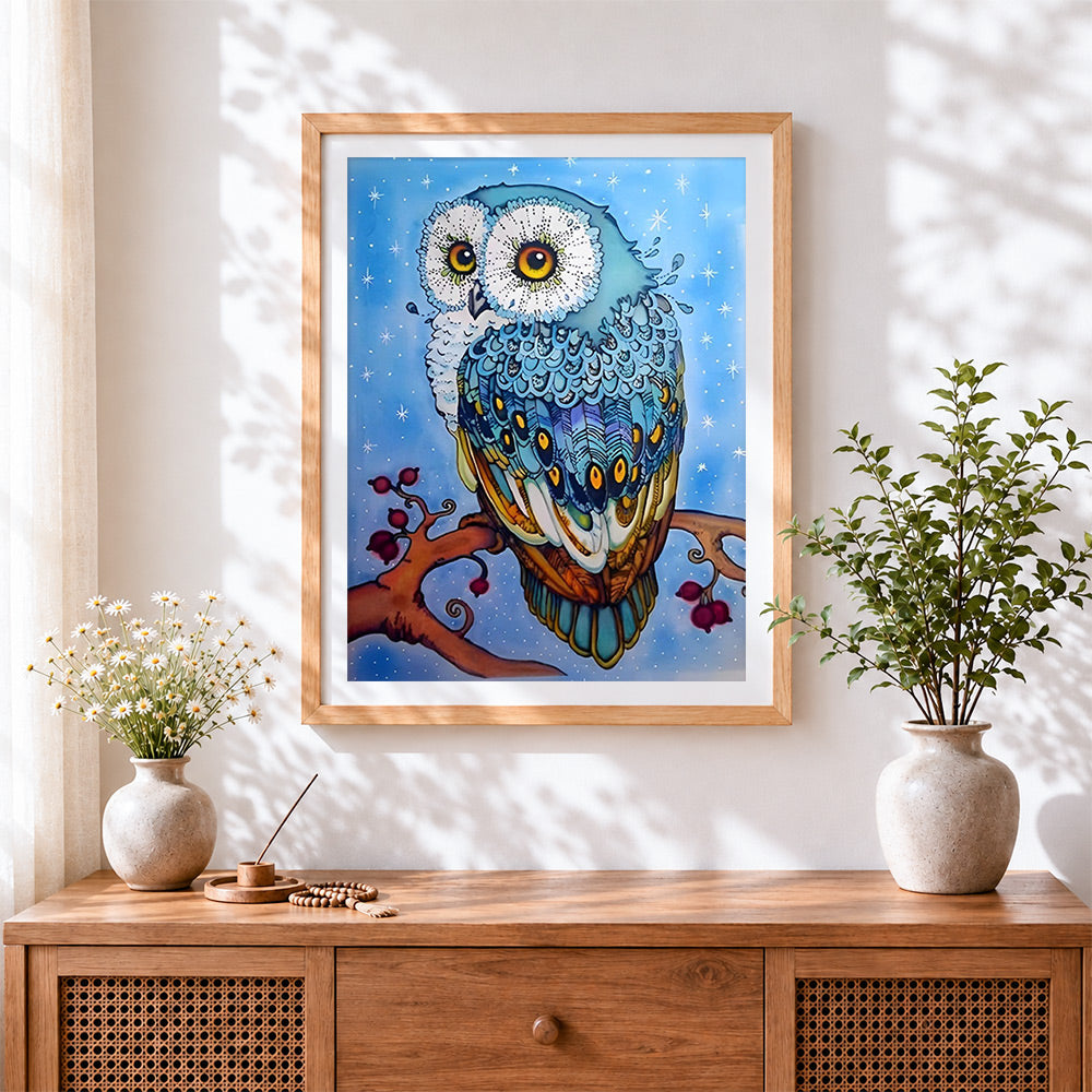 Finished blue owl and stars cross stitch artwork displayed