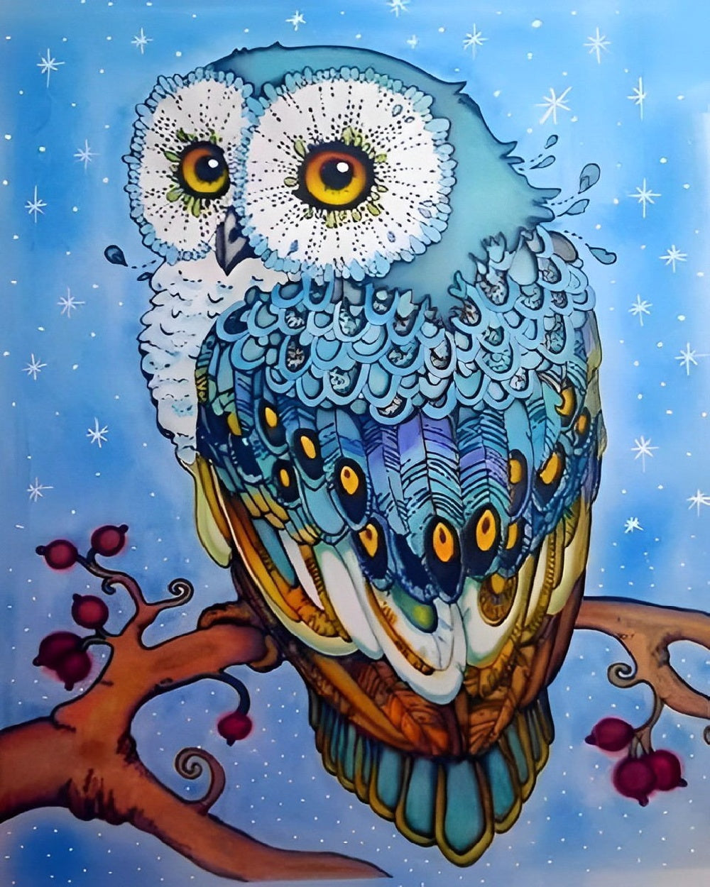 Blue owl and stars cross stitch kit for beginners