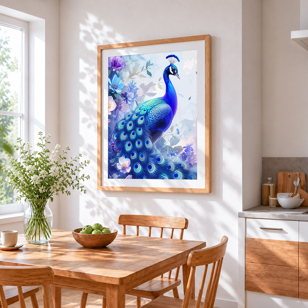 Blue peacock in flowers cross stitch artwork displayed on wall as home decor