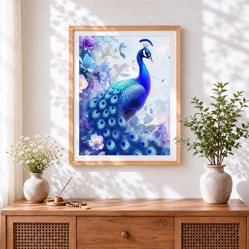 Finished blue peacock in flowers paint by numbers artwork displayed as home decor