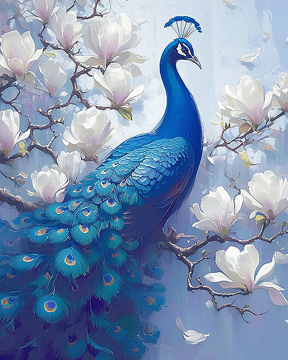 Blue peacock on magnolia branch cross stitch kit for beginners