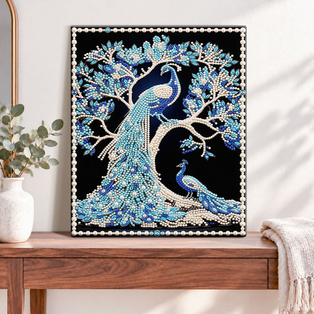 Finished blue peacocks on tree pearl diamond painting artwork displayed as home decor