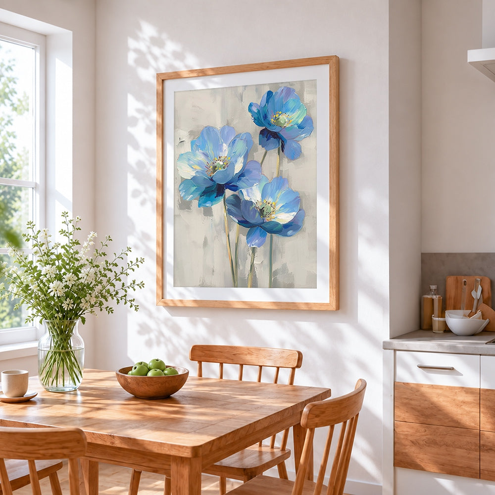 Blue poppies on neutral background cross stitch artwork displayed on wall as home decor