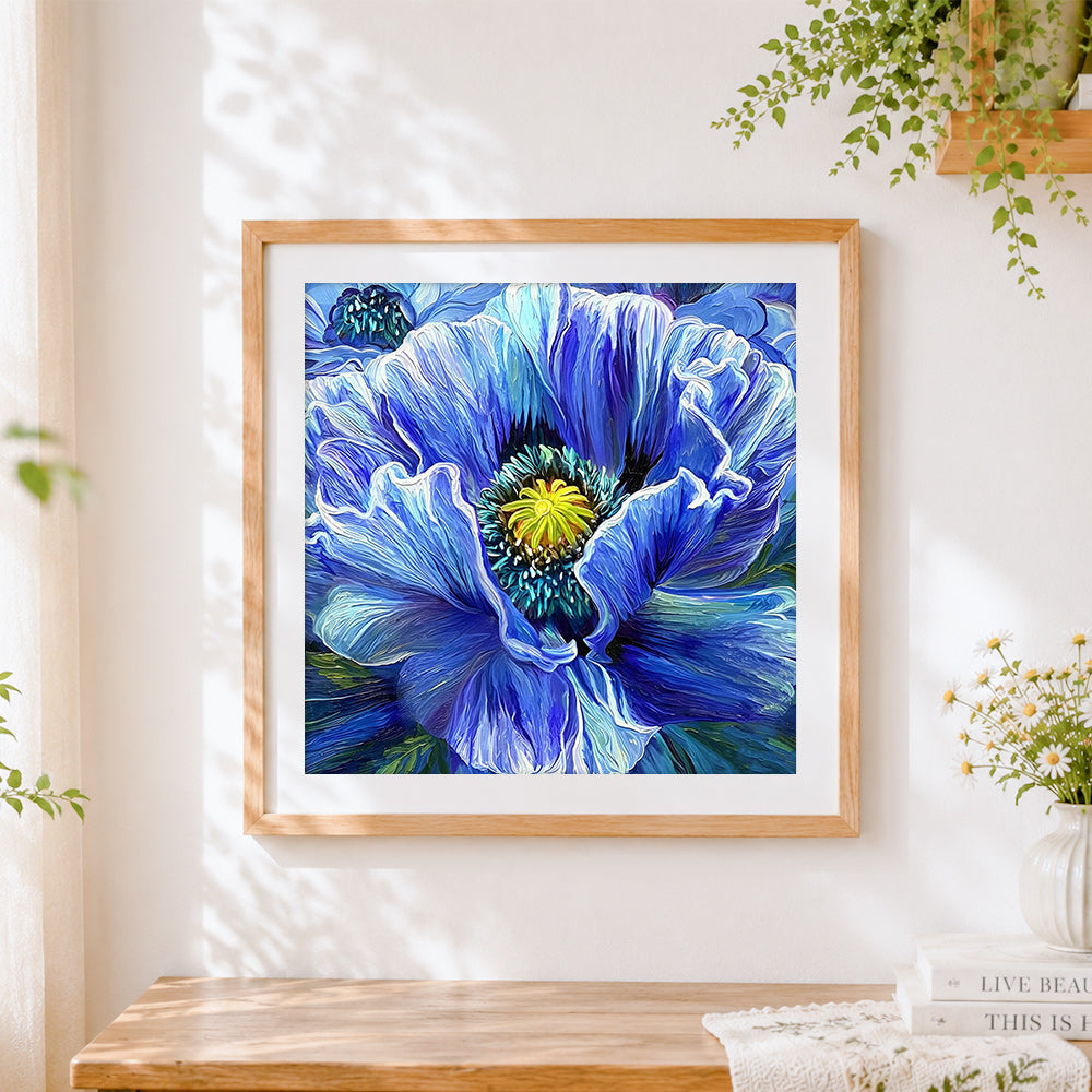 Finished blue poppy close-up cross stitch artwork displayed