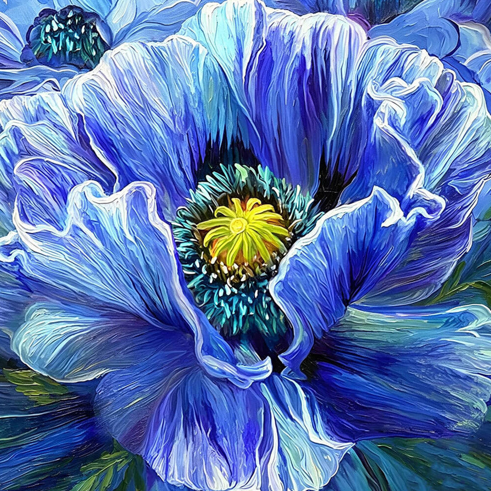 Blue poppy close-up cross stitch kit for beginners