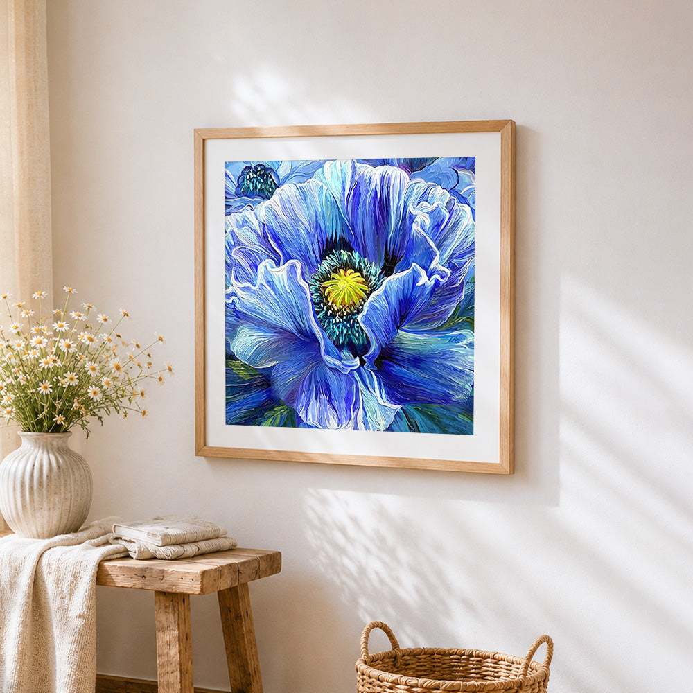 Blue poppy close-up cross stitch artwork displayed on wall as home decor