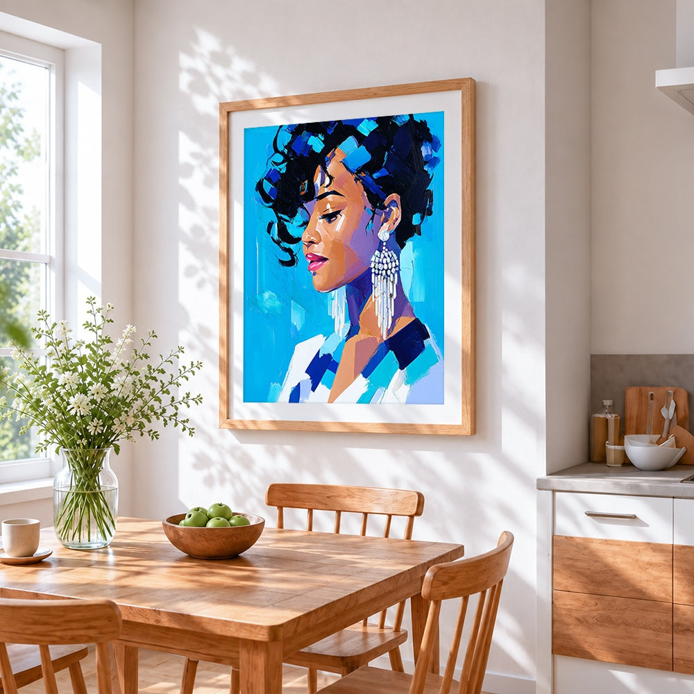 Blue portrait of a woman cross stitch artwork displayed on wall as home decor