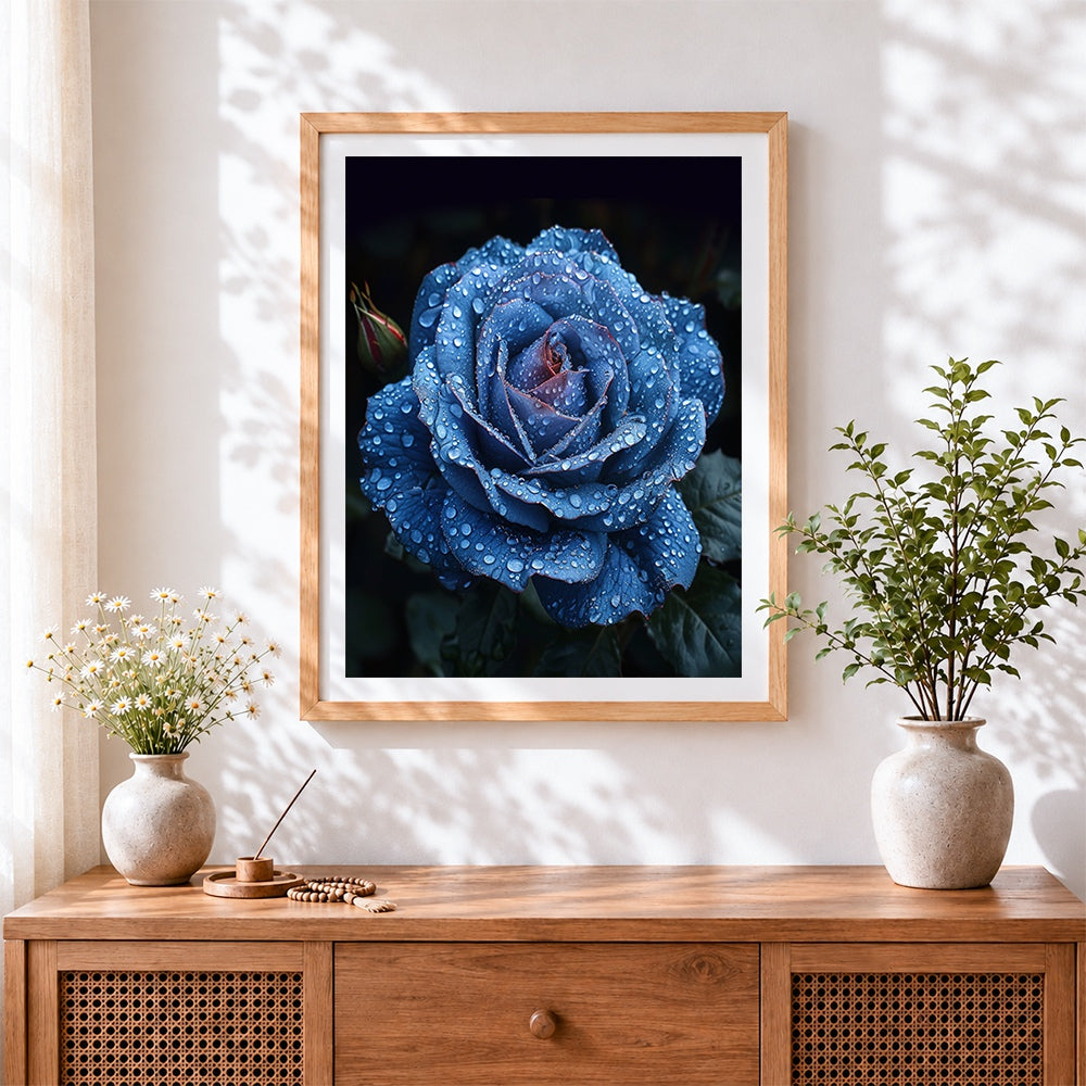 Finished blue rose with water droplets cross stitch artwork displayed