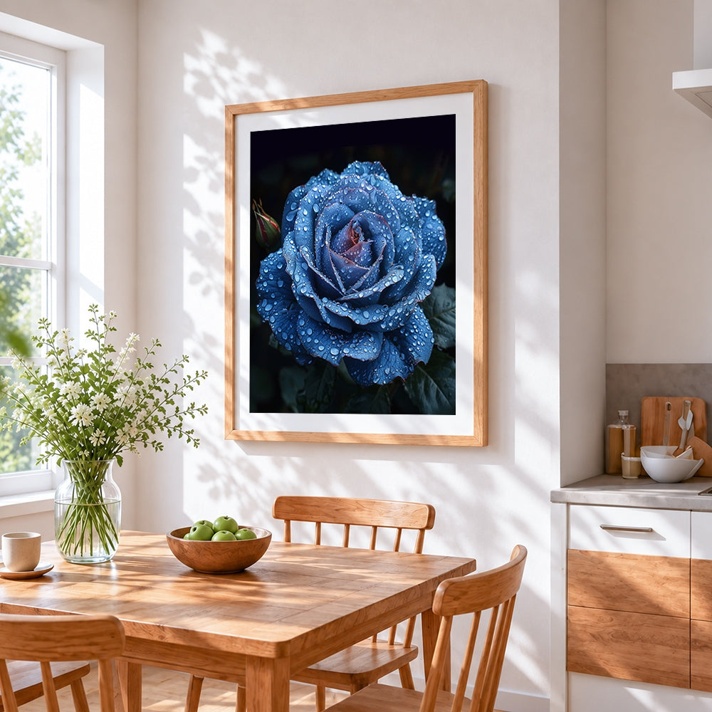 Blue rose with water droplets cross stitch artwork displayed on wall as home decor