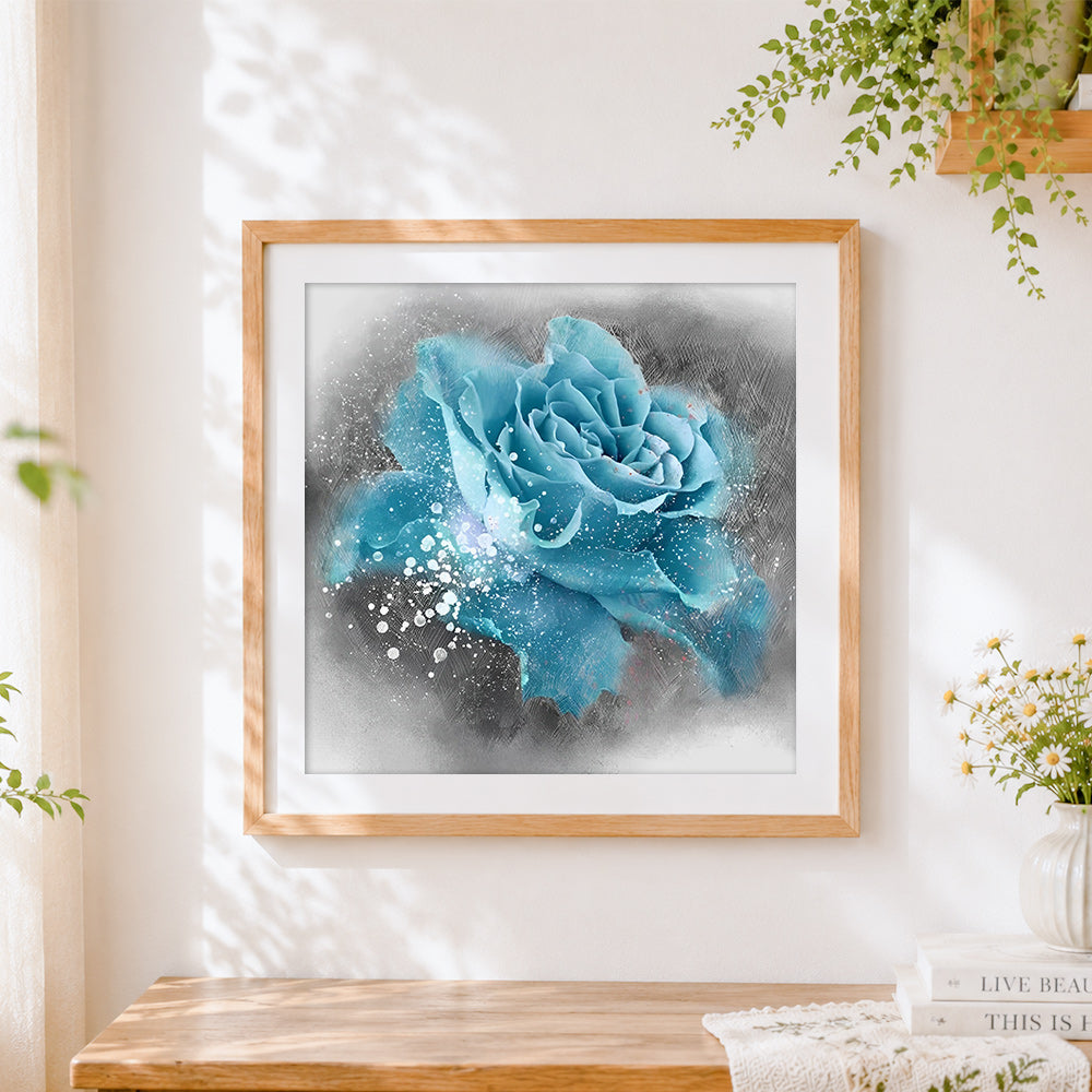 Finished blue rose with water splashes cross stitch artwork displayed