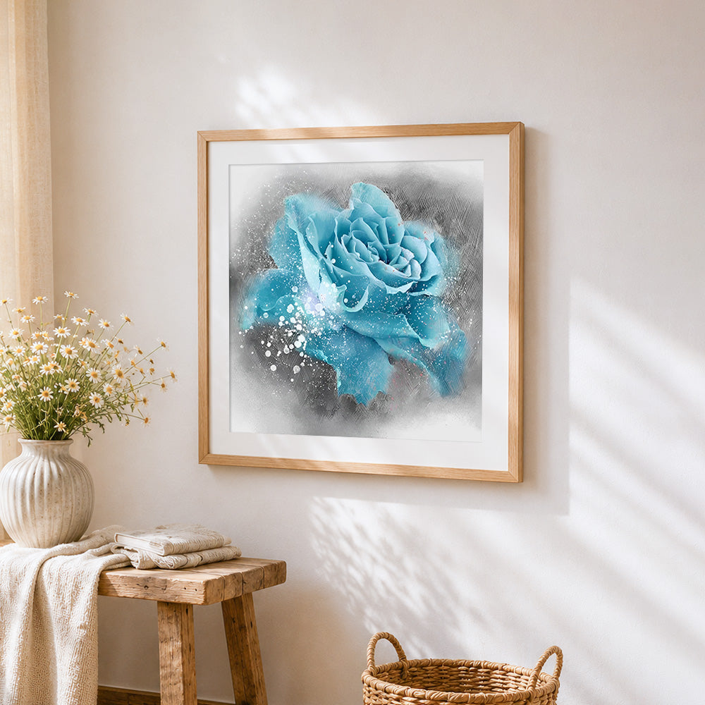 Blue rose with water splashes cross stitch artwork displayed on wall as home decor