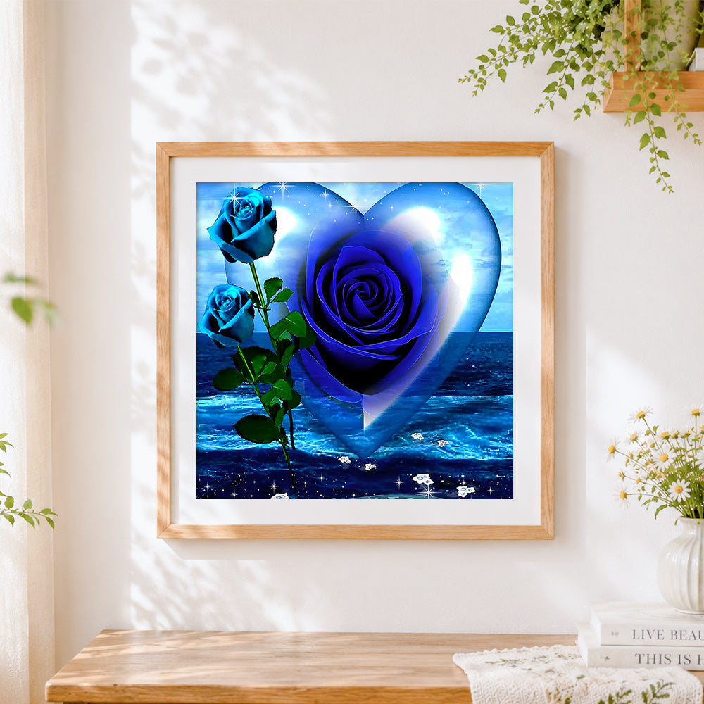 Finished blue roses with crystal heart paint by numbers artwork displayed as home decor