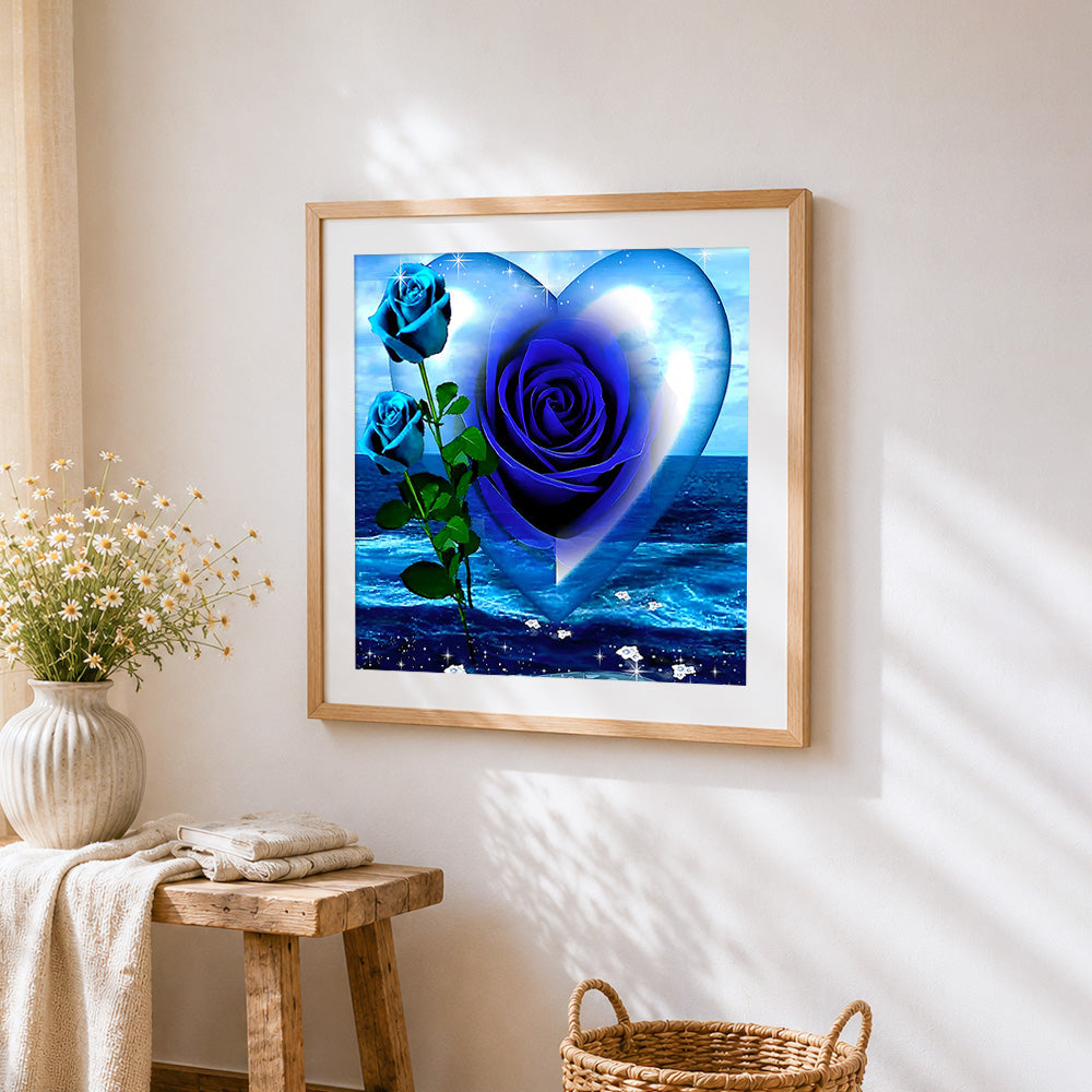 Blue roses with crystal heart paint by numbers artwork displayed on wall as home decor