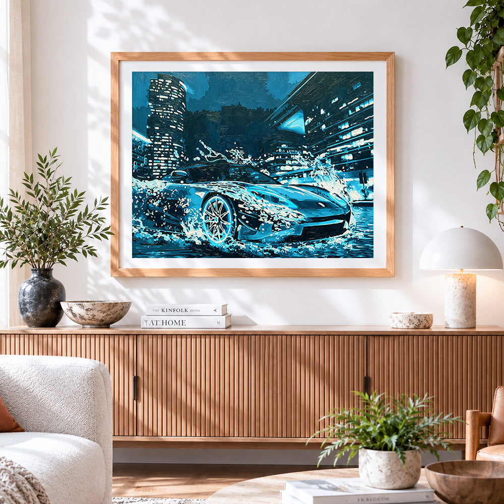 Finished blue sports car in rainy city cross stitch artwork displayed